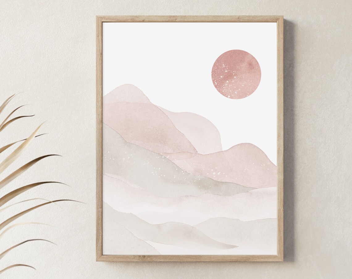 Blush Pink Watercolor Mountains Rose Moon Minimalist Wall Art