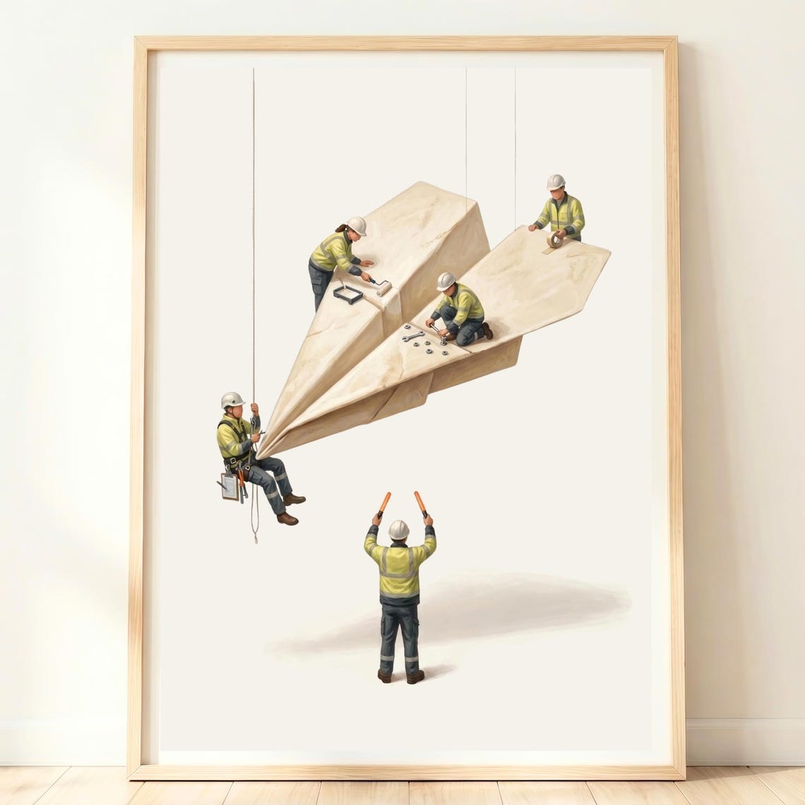 Tiny Construction Workers Giant Paper Airplane Fun Aviation Poster
