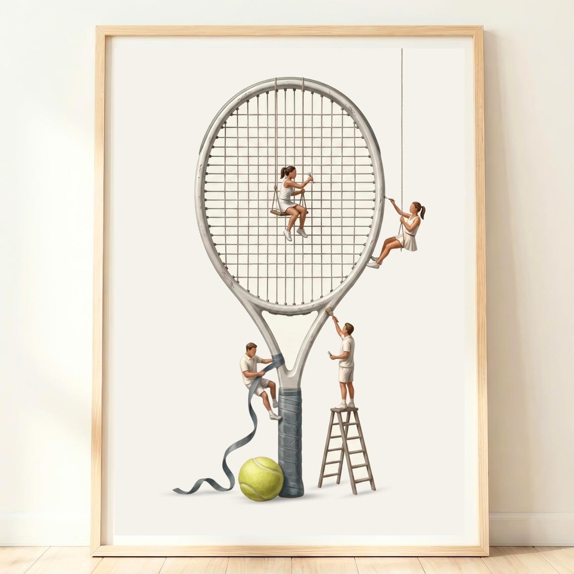 Giant Tennis Racket Tiny Players Whimsical Sports Room Decor Poster