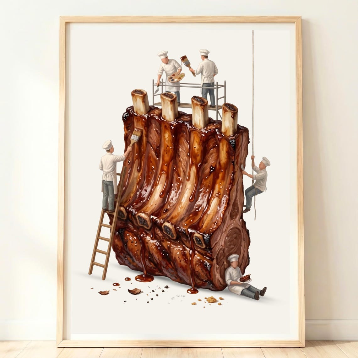 Giant BBQ Ribs Rack With Tiny Chefs Funny Smokehouse Kitchen Poster