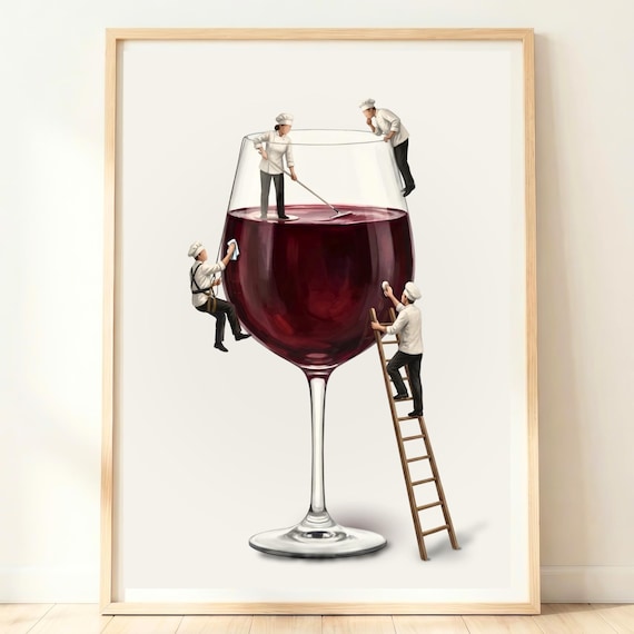 Giant Red Wine Glass Tiny Chefs Whimsical Kitchen Funny Poster