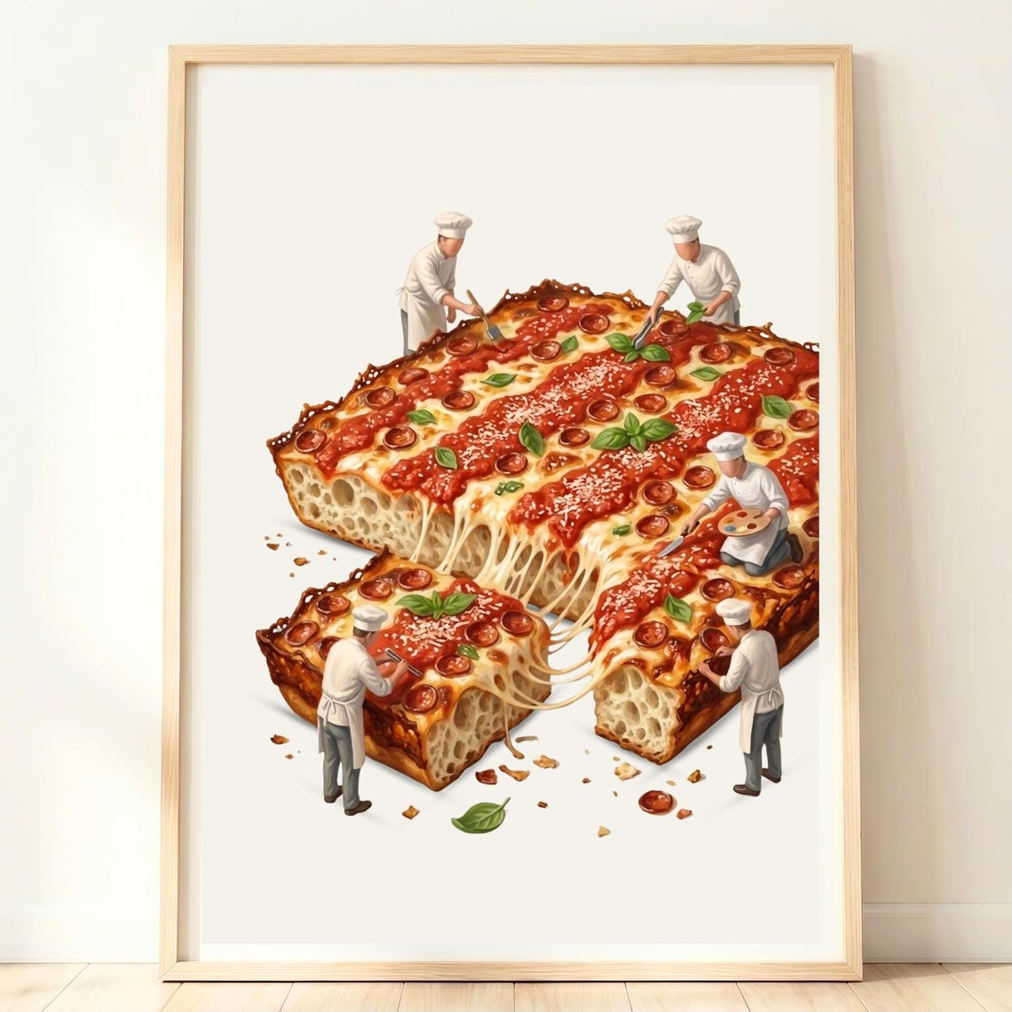 Giant Detroit Pizza Tiny Chefs Square Pepperoni Kitchen Food Poster