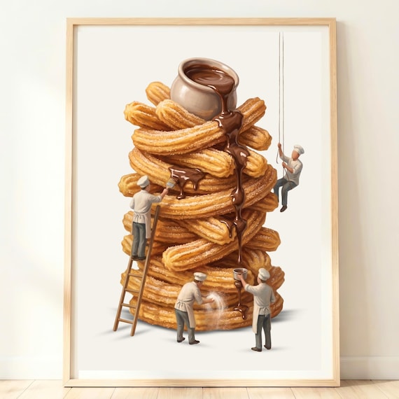 Giant Churro Tower Chocolate Sauce Tiny Chefs Whimsical Dessert Poster