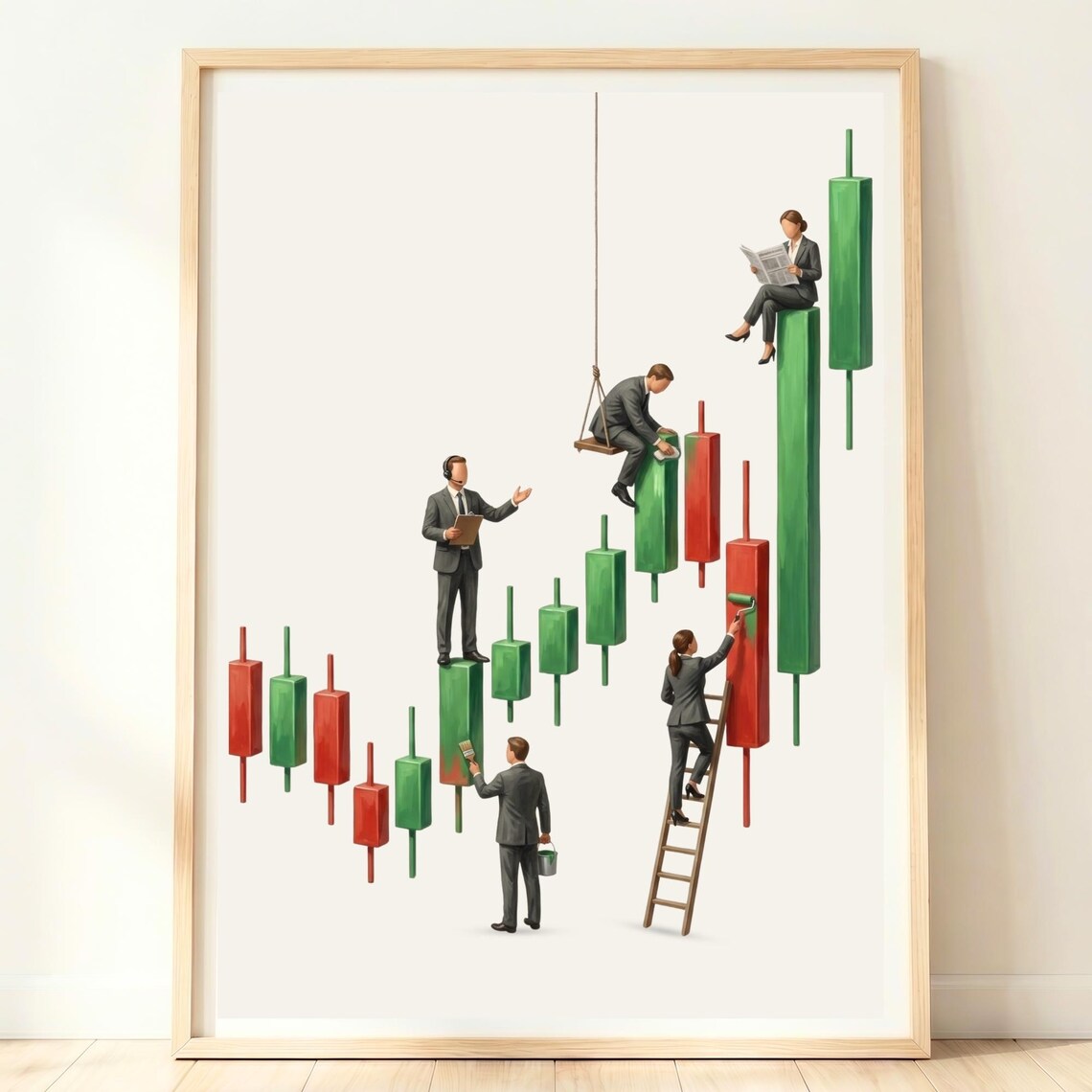 Tiny Businesspeople Painting Candlestick Stock Chart Whimsical Wall Art