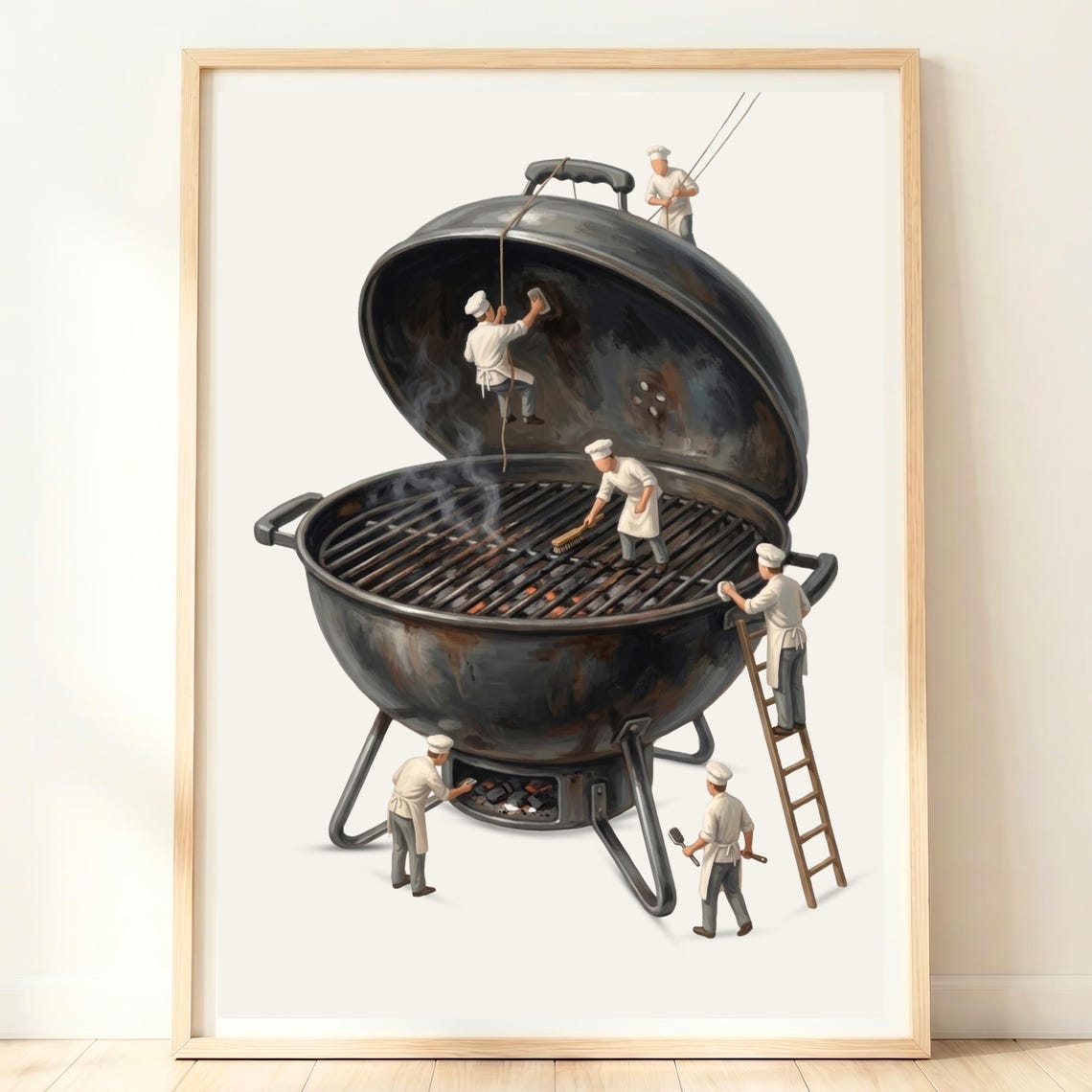 Miniature Chefs Scrubbing Giant Charcoal Kettle BBQ Grill Poster