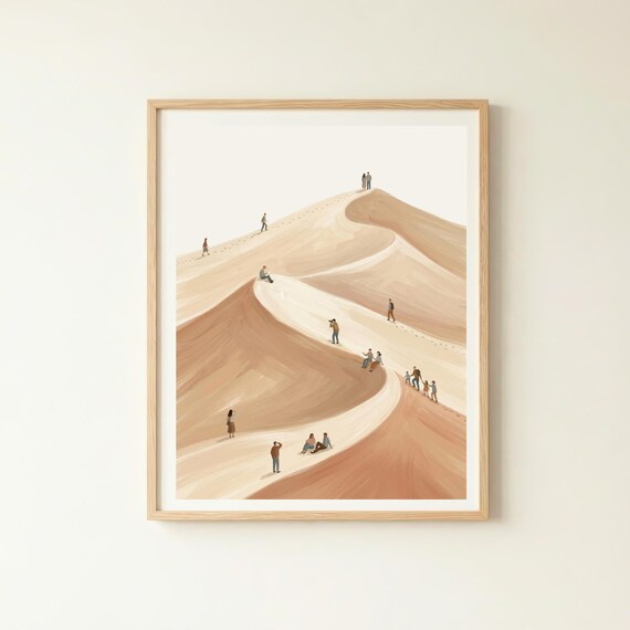 Minimal Desert Dunes with Tiny Hikers Warm Neutral Landscape Poster