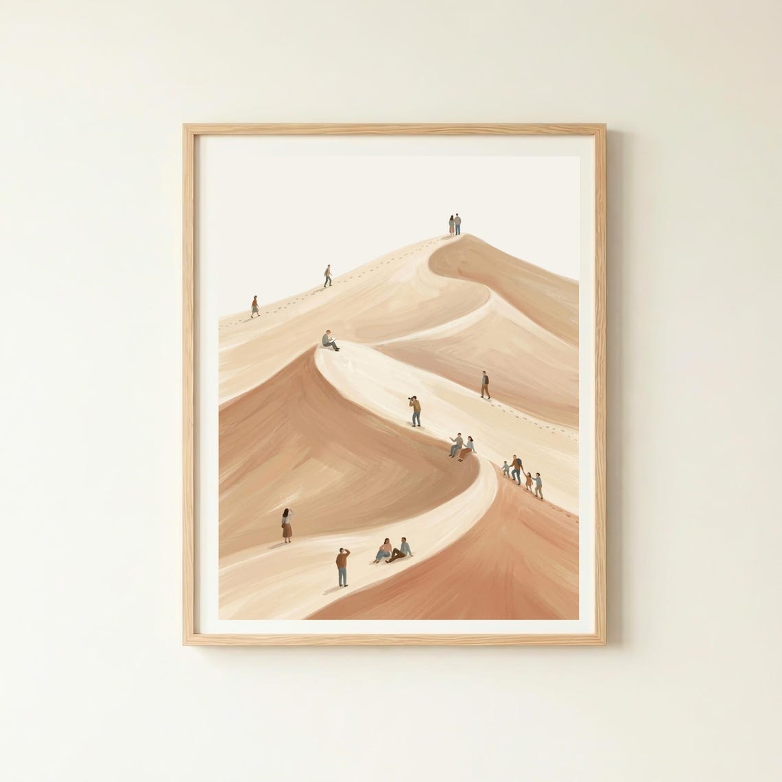 Minimal Desert Dunes with Tiny Hikers Warm Neutral Landscape Poster