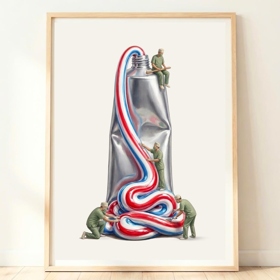Giant Toothpaste Tube Swirl Tiny Dentists Whimsical Bathroom Poster