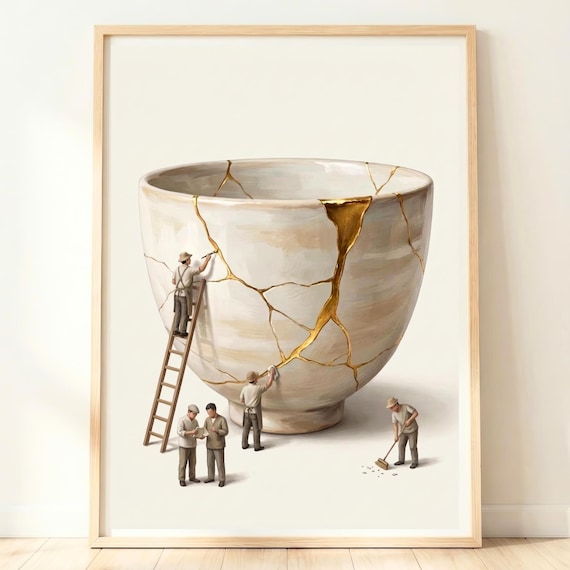 Kintsugi Bowl Wall Art Japandi Decor Print Wabi Sabi Ceramic Artwork Minimalist Home Gift