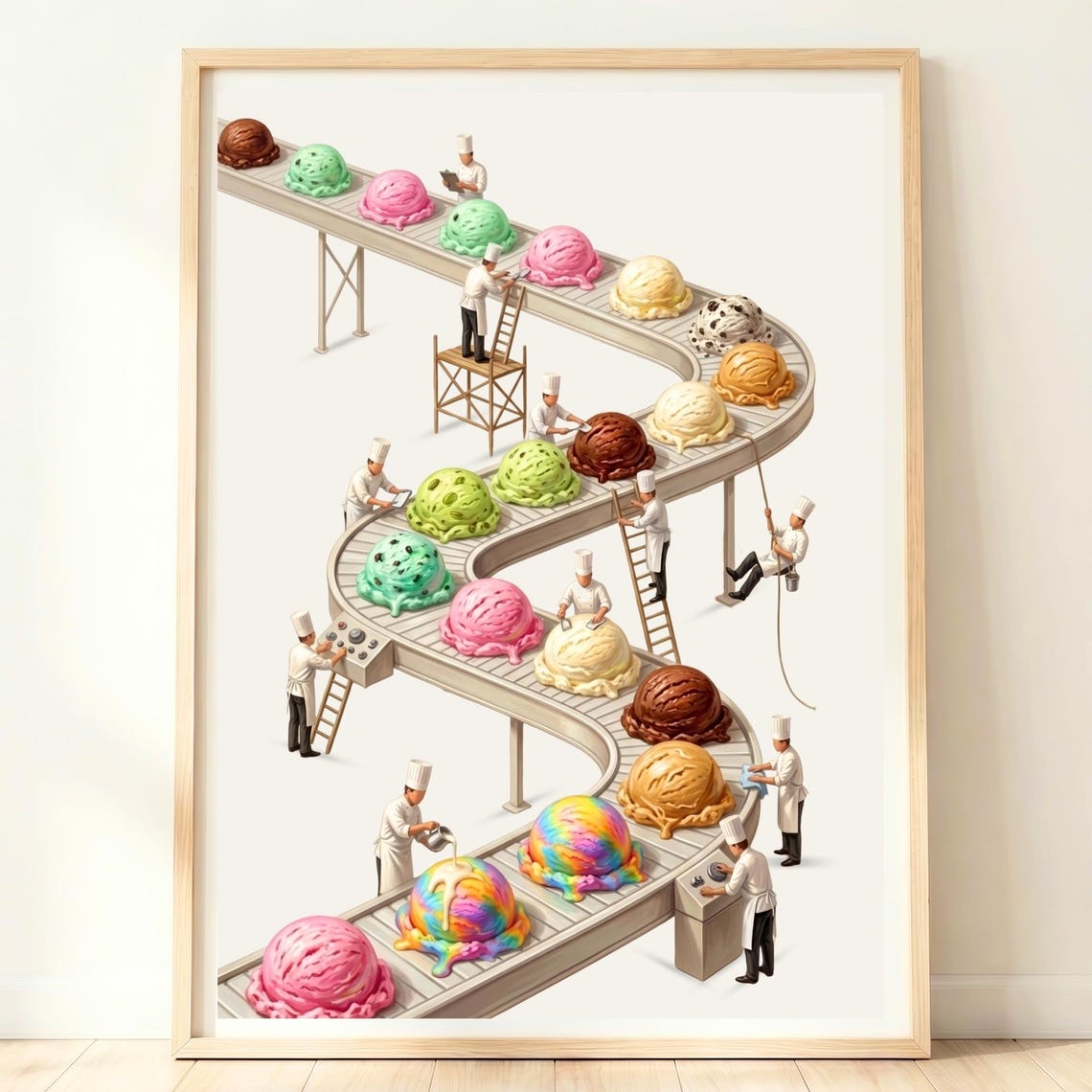 Ice Cream Conveyor Belt Giant Scoops Tiny Workers Whimsical Poster