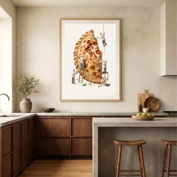 Tiny Chefs Giant Calzone Melted Cheese Whimsical Kitchen Poster