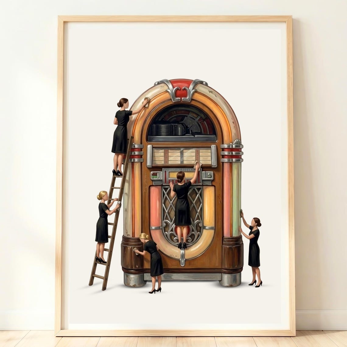 Miniature Women Polishing Giant Vintage Jukebox Retro Music Poster