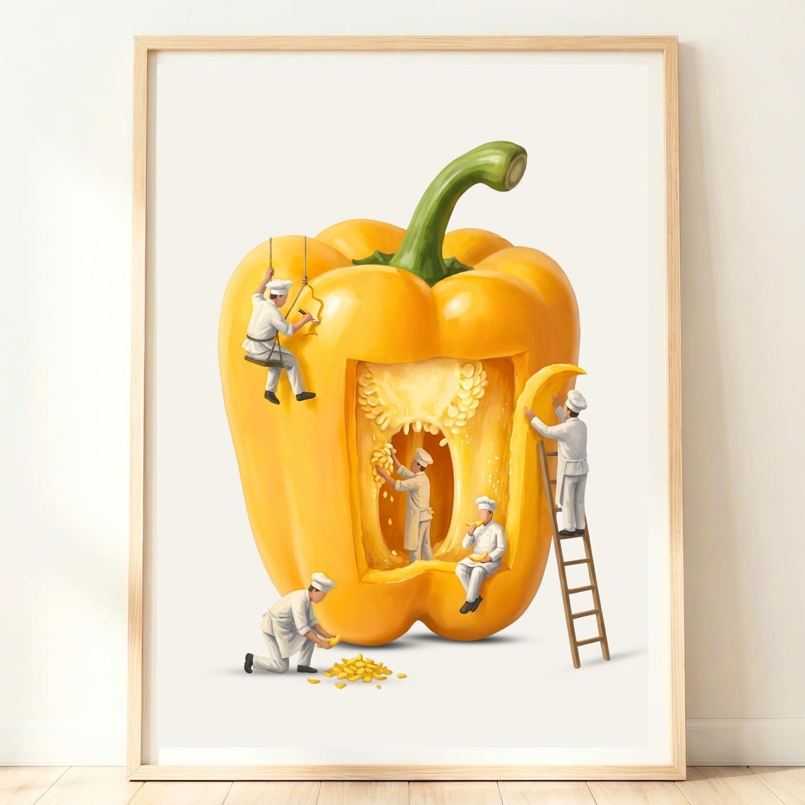 Giant Yellow Bell Pepper With Tiny Chefs Vibrant Kitchen Wall Print