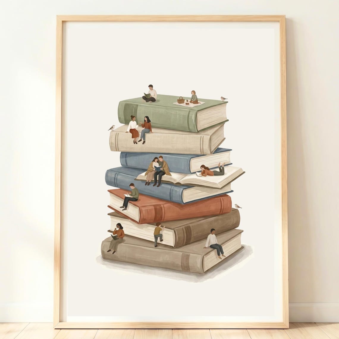Stack of Books with Tiny Readers Whimsical Library Art Poster