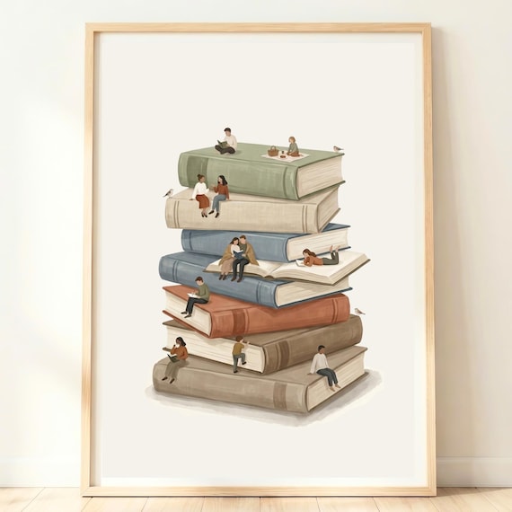 Stack of Books with Tiny Readers Whimsical Library Art Poster