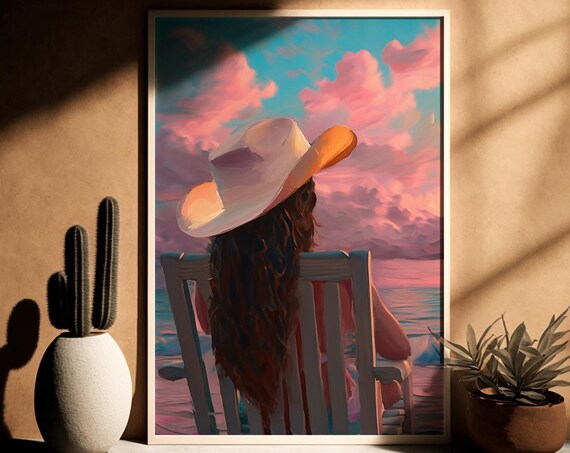 Cowgirl Coastal Sunset Print Trendy Poster Preppy Dorm Decor Pink