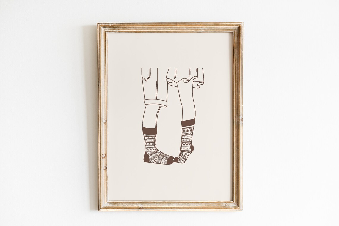 Couple Feet Touching Christmas Socks Minimal Line Art Romantic Poster