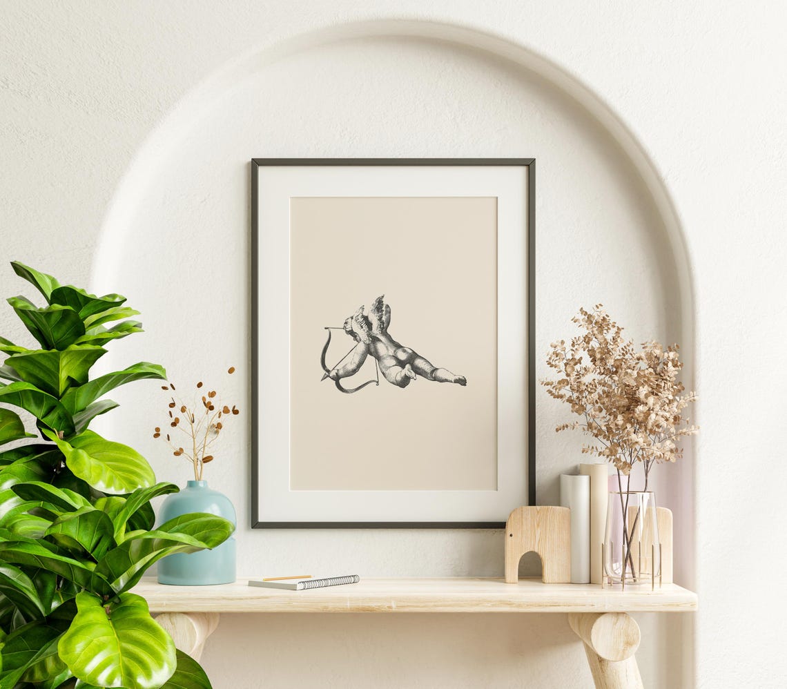 Vintage Cupid Reclining Aiming Bow Antique Engraving Love Art Poster - Image 3
