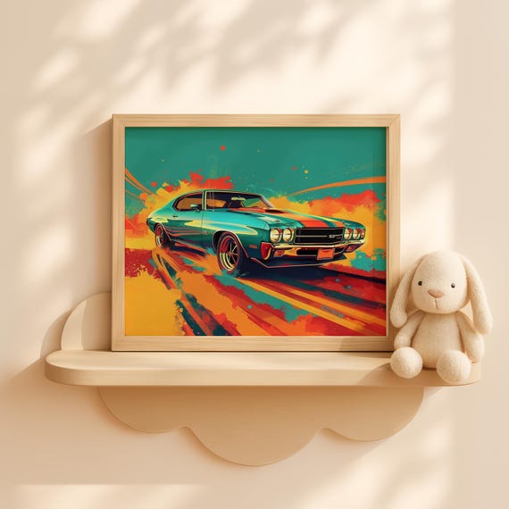 Vibrant Retro Racing Poster Kidfriendly 70s Style Car Wall Art Colorful Motion Illustration Decor