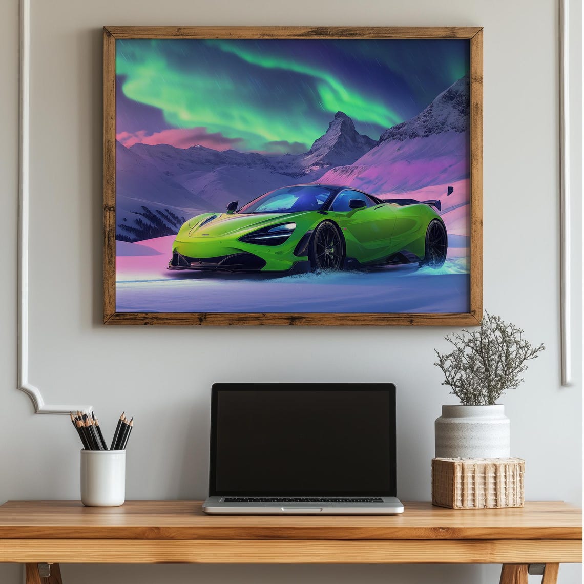 Lime Green Supercar Under Northern Lights Snowy Mountain Poster