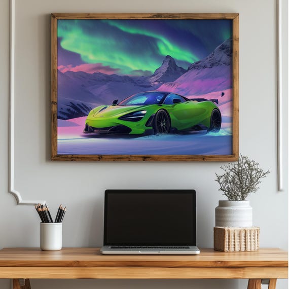 Supercar Aurora Wall Art Neon Green Sports Car Under Northern Lights