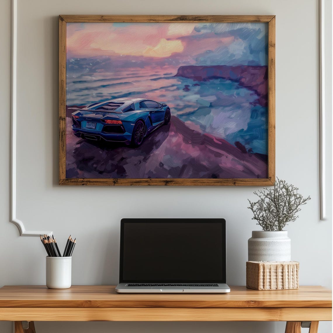 Blue Lamborghini Supercar Above a Sunset Ocean Coast Painting Poster