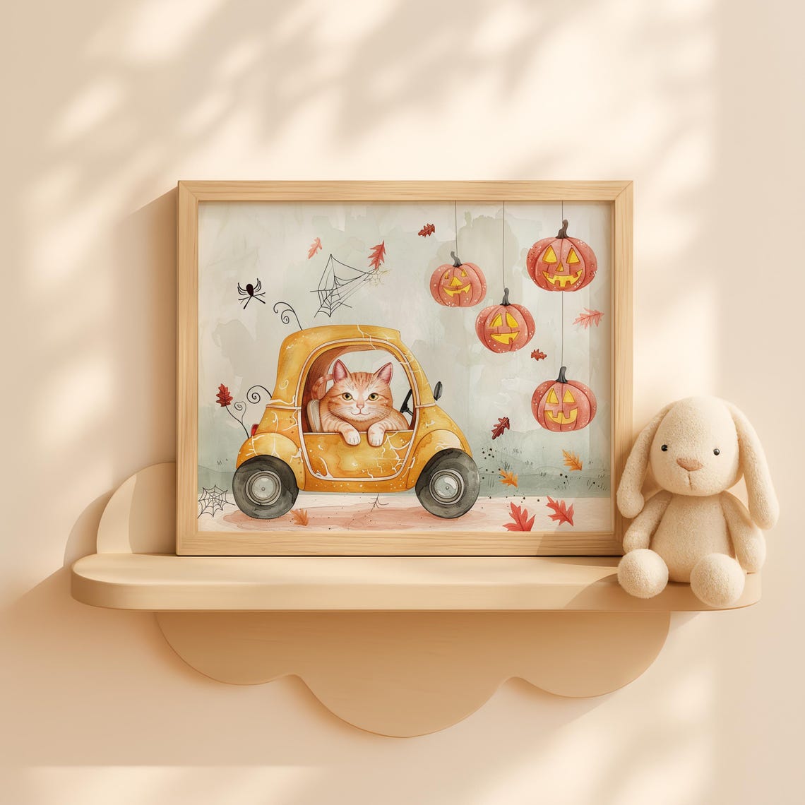 Ginger Cat Pumpkin Car Halloween Watercolor Cute Fall Kids Wall Art