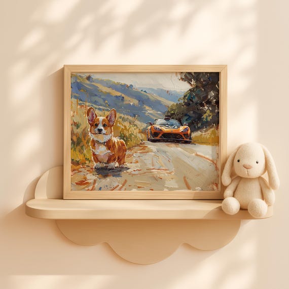 Corgi Puppy In Forest Painting Gouache Autumn Scene Kids Wall Art Dog Nursery Decor Cozy Animal Car Ride Print
