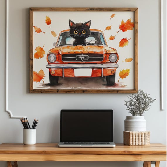 Kitten Driving Art Print Funny Fall Animal Decor Cute Black Cat Poster Autumn