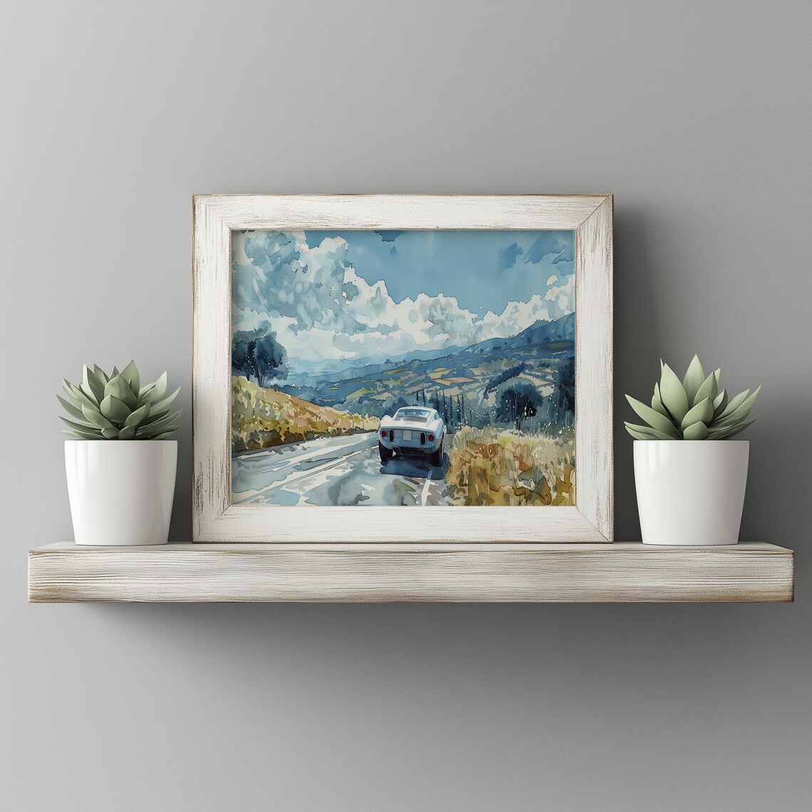 Classic White Sports Car Country Road Watercolor Painting Poster