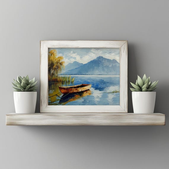 Wooden Boat On Calm Lake With Drooping Willows Serene Vintage Wall Art Earthy Blue Nature Scene Landscape Decor