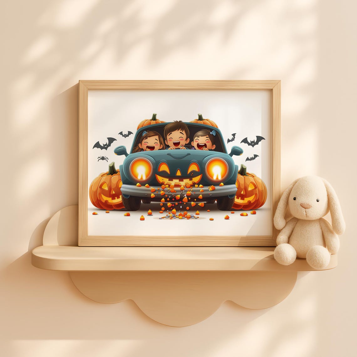 Kids Halloween Pumpkin Car Ride Cute Cartoon Nursery Art Poster