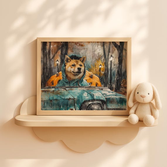 Halloween Shiba Inu In Pumpkin Patch Truck Art Cute Fall Dog Print Rustic Forest Decor Kids Wall For Nursery
