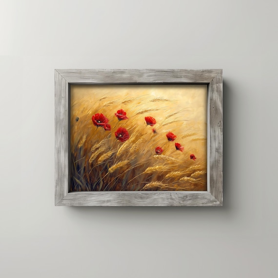 Golden Wheat Field with Red Poppies Rustic Summer Art Poster