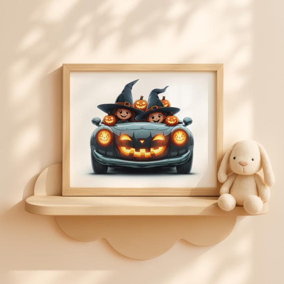 Halloween Convertible Car With Witch Kids Cute Pumpkin Fall Wall Art Trick Or Treat Decor Room