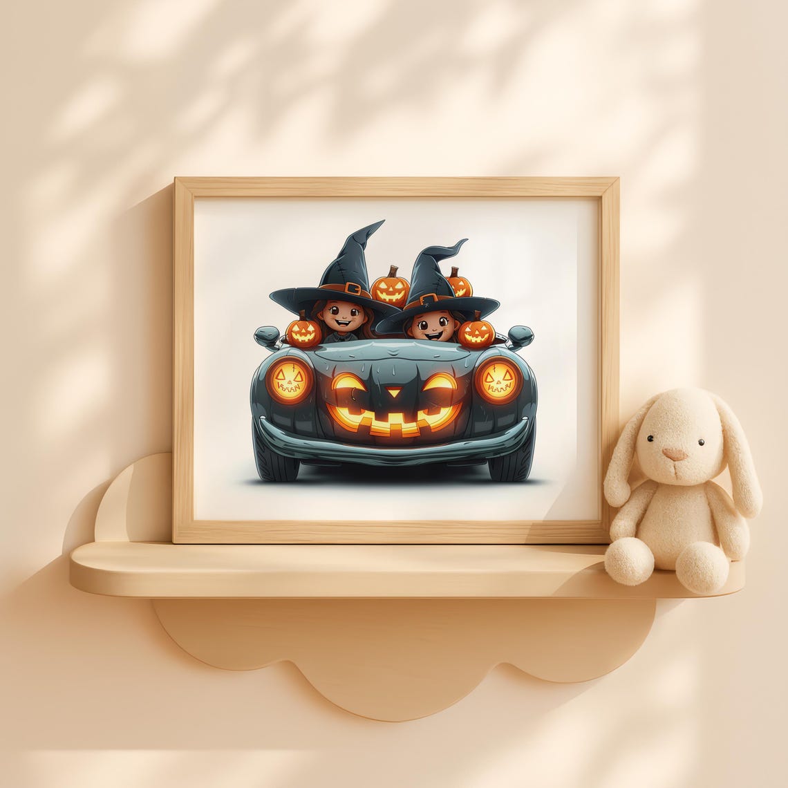 Halloween Convertible Car With Witch Kids Cute Pumpkin Fall Wall Art Trick Or Treat Decor Room