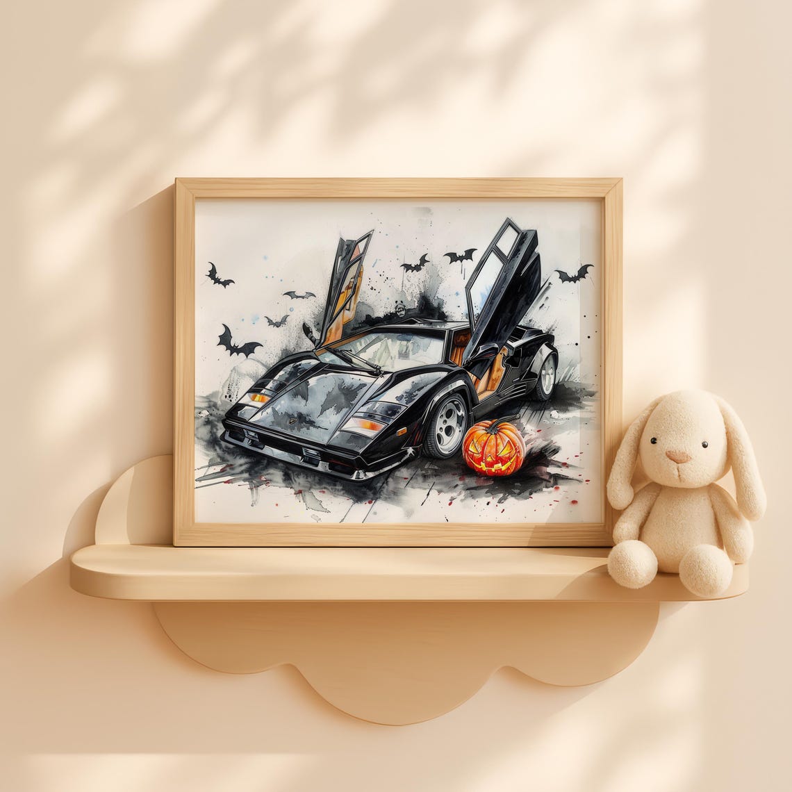 Halloween Lamborghini Countach Bats and Pumpkin Watercolor Poster