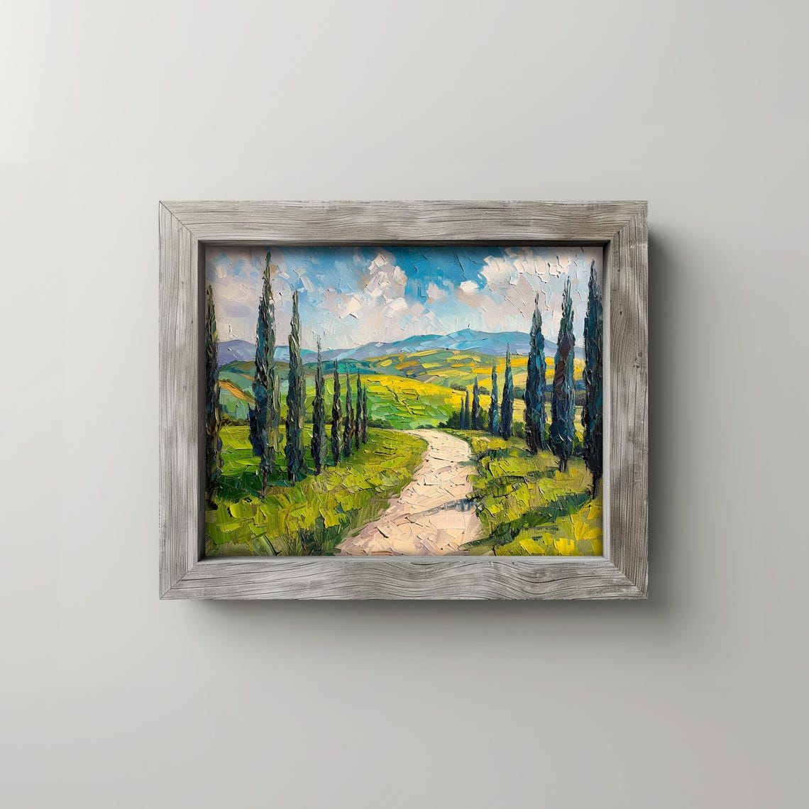 Cypress Lined Country Lane Impasto Oil Painting Summer Hills Print
