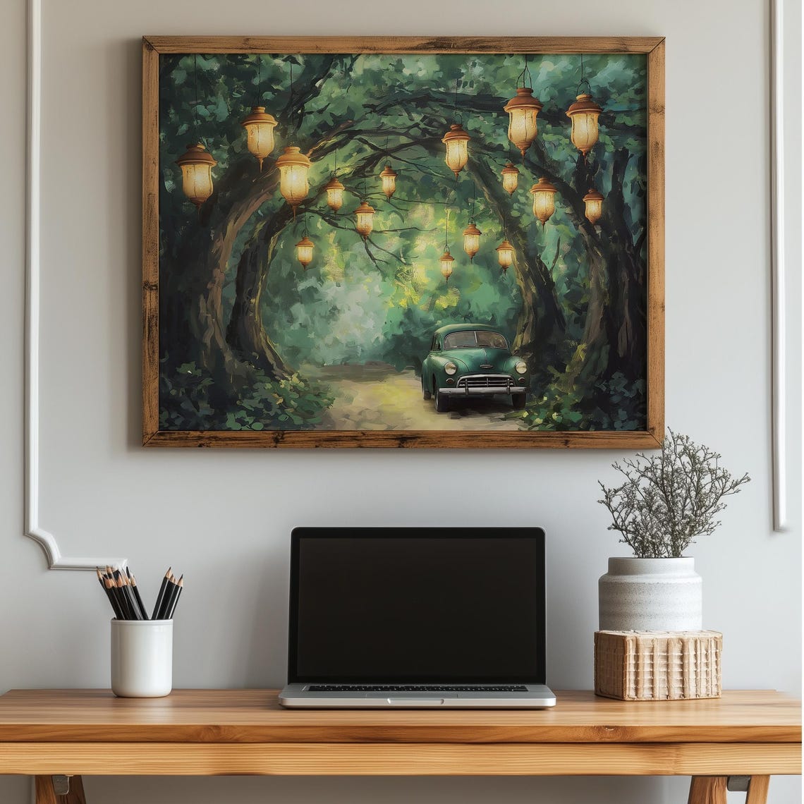 Vintage Green Car Enchanted Forest Lantern Tunnel Magical Night Poster