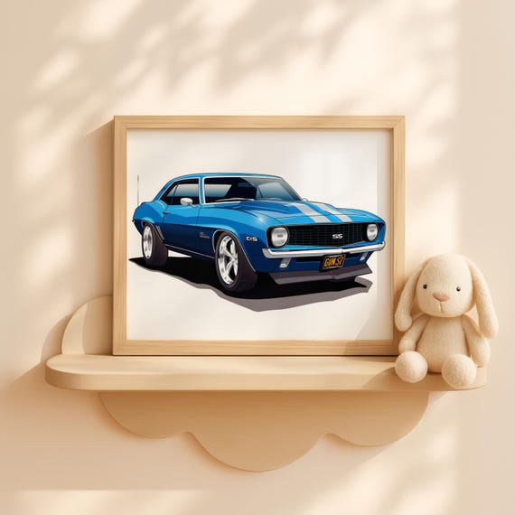 Nursery Blue Muscle Car Wall Art Baby Boy Room Decor Vintage Vehicle Poster Toddler Print