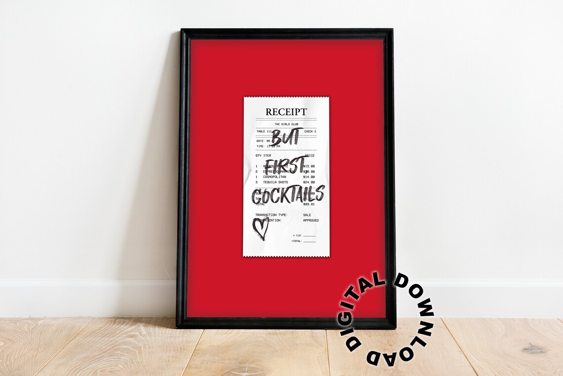 But First Cocktails Red Receipt Poster In A Black Frame With Bold Script