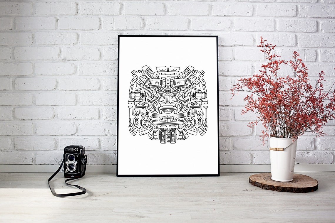 Mayan Mask One Line Drawing Tribal Face Continuous Line Art Poster - Image 2