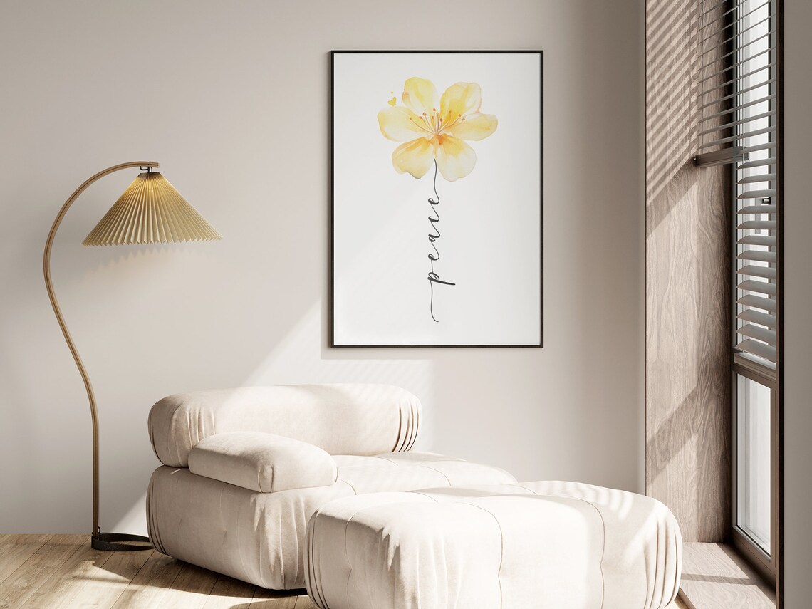 Peace Word Yellow Watercolor Flower Minimalist Botanical Poster - Image 2