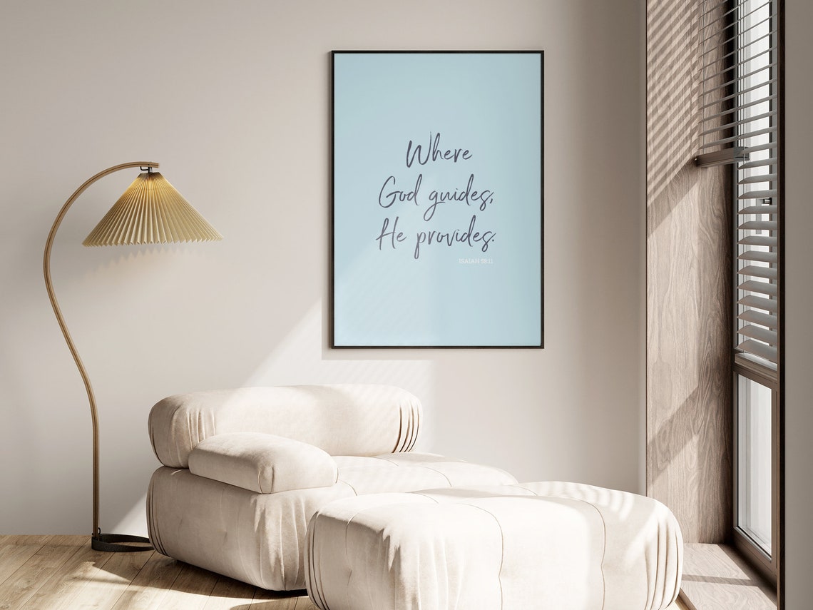 Where God Guides He Provides Isaiah 58:11 Soft Blue Scripture Poster - Image 2