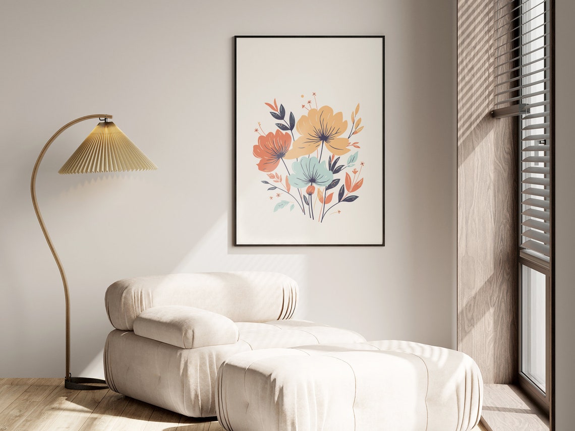 Retro Floral Bouquet Coral Mustard Teal Vintage Botanical Poster