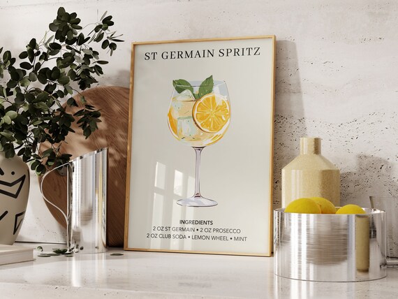 St Germain Spritz Floral Cocktail Recipe Lemon Mint Bar Decor Poster