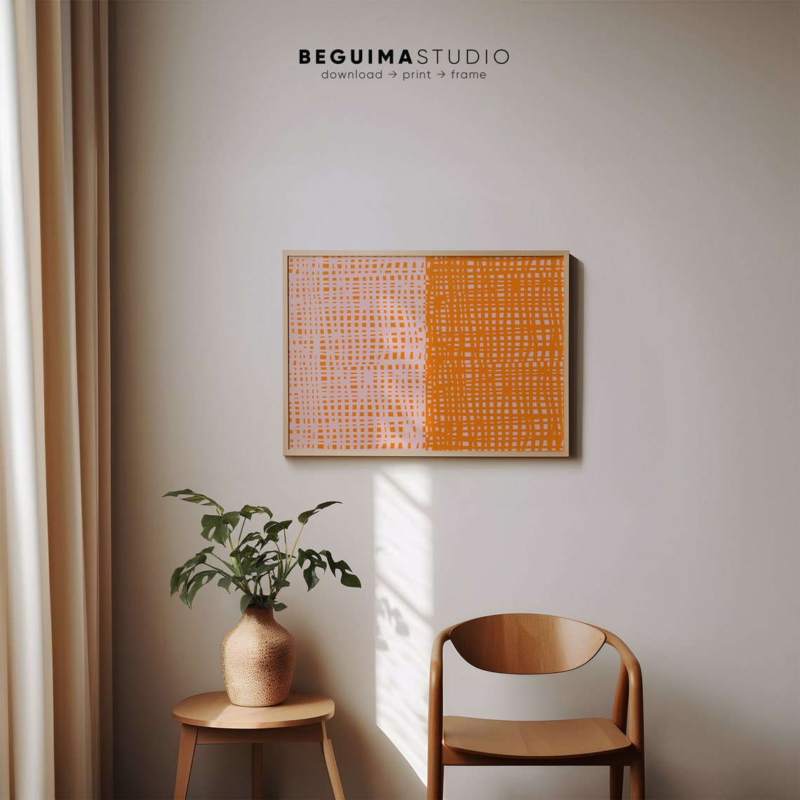 Orange Grid On Blush Pink Decorative Abstract Pattern Wall Art - Image 2
