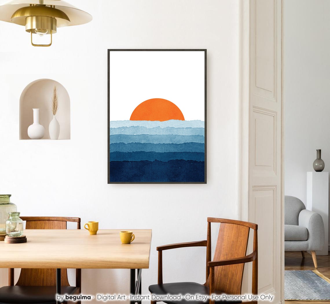 Watercolor Sunset Orange Sun Over Blue Sea Layers Coastal Art Poster - Image 2