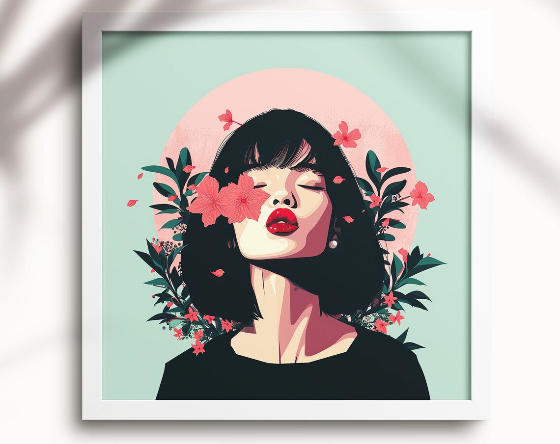 Neo Pop Woman with Flowers on Face Vintage Style Portrait Wall Art