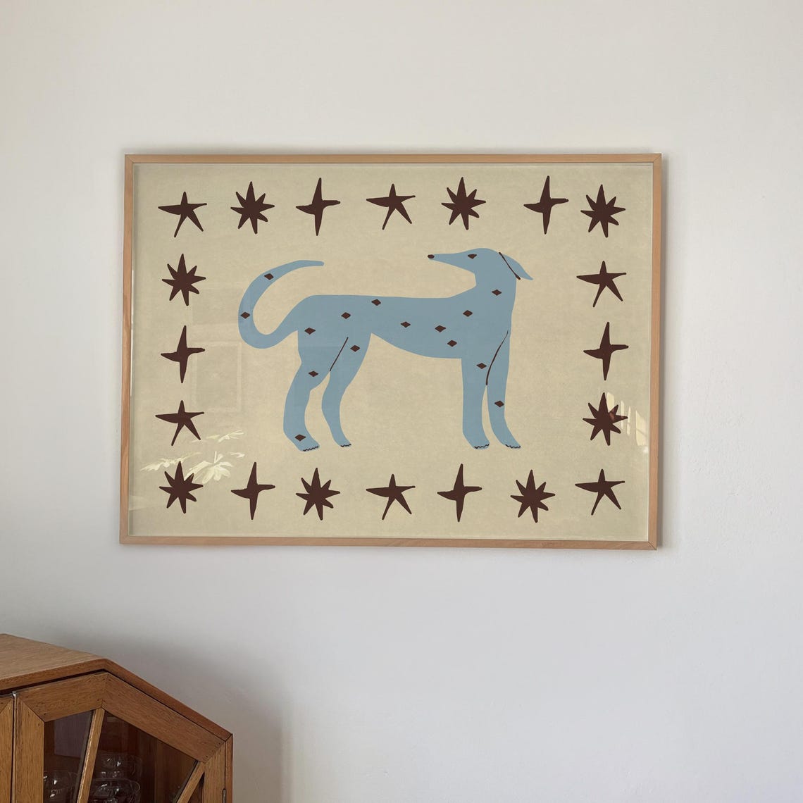 Funky Blue Dog Star Border Trendy Western Folk Animal Art Print